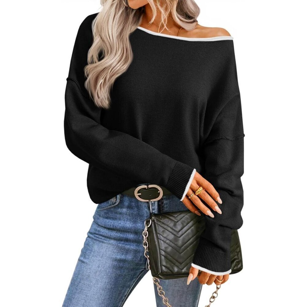 Women's Oversized Off Shoulder Sweater Knit Thin Casual Trendy Jumper